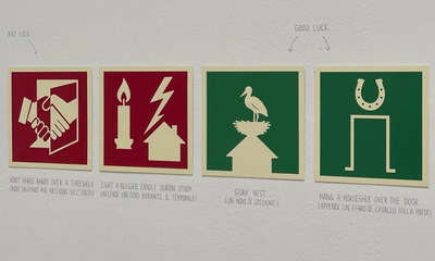 „Bad Luck Good Luck“-Piktogramme, Polnischer Pavillon
auf der 19. Architekturbiennale Venedig 2025 – © afo „Bad Luck Good Luck“-Piktogramme, Polnischer Pavillon
auf der 19. Architekturbiennale Venedig 2025