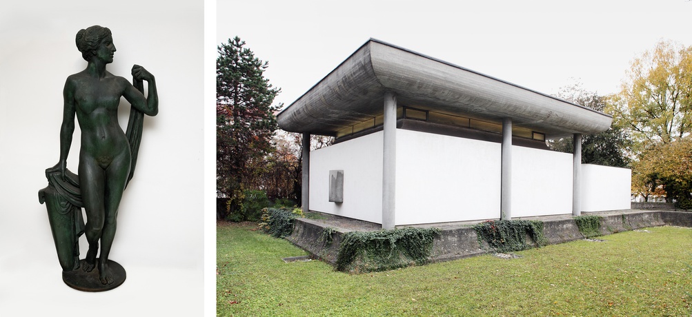 © Wilhelm Wandschneider, Aphrodite,
1940 (um 1908), NORDICO Stadtmuseum Linz
Foto: Norbert Artner, 2018 | Synagoge Linz (1967/68), Architekt Fritz Goffitzer, Foto: Gregor Graf