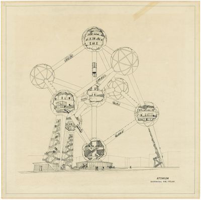 Expo 58 | Atomium, interior of spheres and connecting escalators,  André & Jean Polak  (Civa Collections, Brussels)